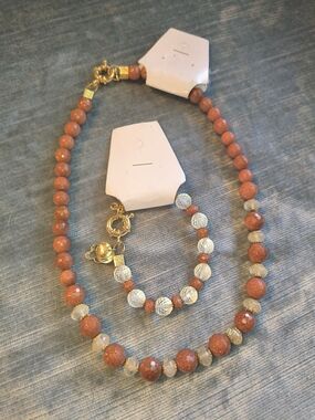 Goldstone and Crystal Bead Necklace and Bracelet Set - Brown